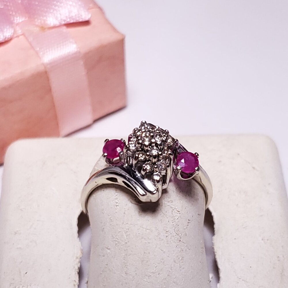 Estate .60ctw Natural Round Diamond / side Ruby 10Kt YG custom Bypass Ring#22669